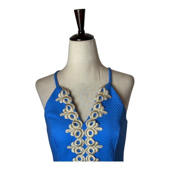 Lilly Pulitzer Dress Women 0 Blue Gold Embroidered Lace Pearl Sheath Mini Preppy - Picture 4 of 12